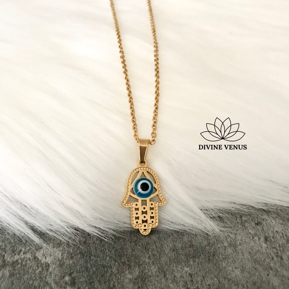 Hamsa Evil Eye Stainless Steel Necklace - Picture 3 of 12